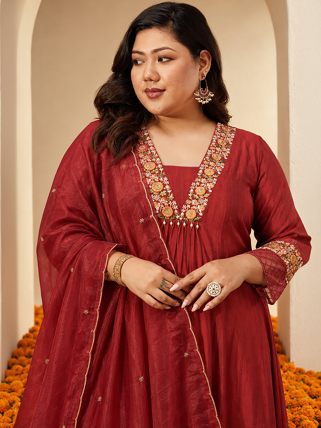 Janasya Women's Plus Size Maroon Chanderi Silk Floral Yoke Embroidered A-Line Kurta Set