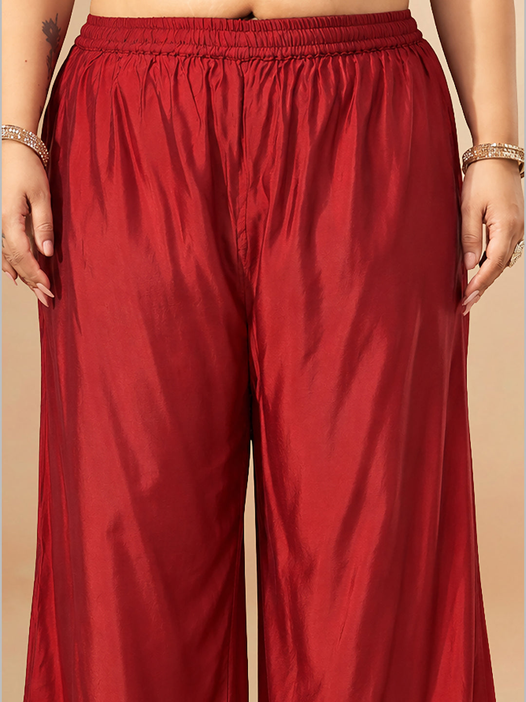 Janasya Women's Plus Size Maroon Chanderi Silk Floral Yoke Embroidered A-Line Kurta Set
