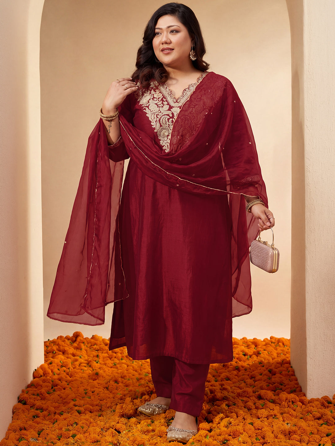 Janasya Women's Plus Size Maroon Silk Blend Floral Zari Embroidered A-Line Kurta Set