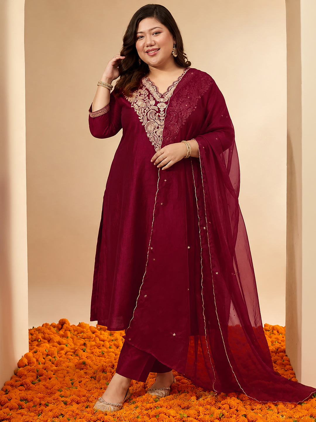Janasya Women's Plus Size Maroon Silk Blend Floral Zari Embroidered A-Line Kurta Set