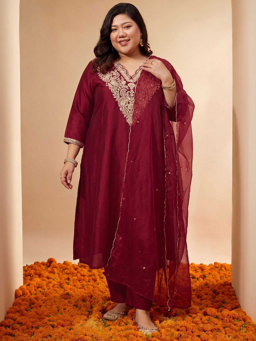 Janasya Women's Plus Size Maroon Silk Blend Floral Zari Embroidered A-Line Kurta Set