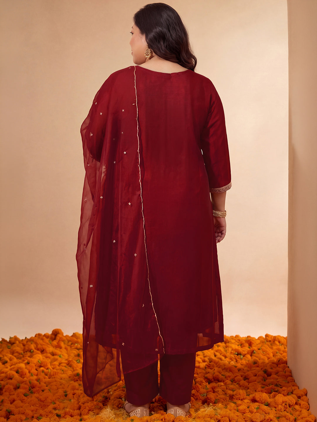 Janasya Women's Plus Size Maroon Silk Blend Floral Zari Embroidered A-Line Kurta Set