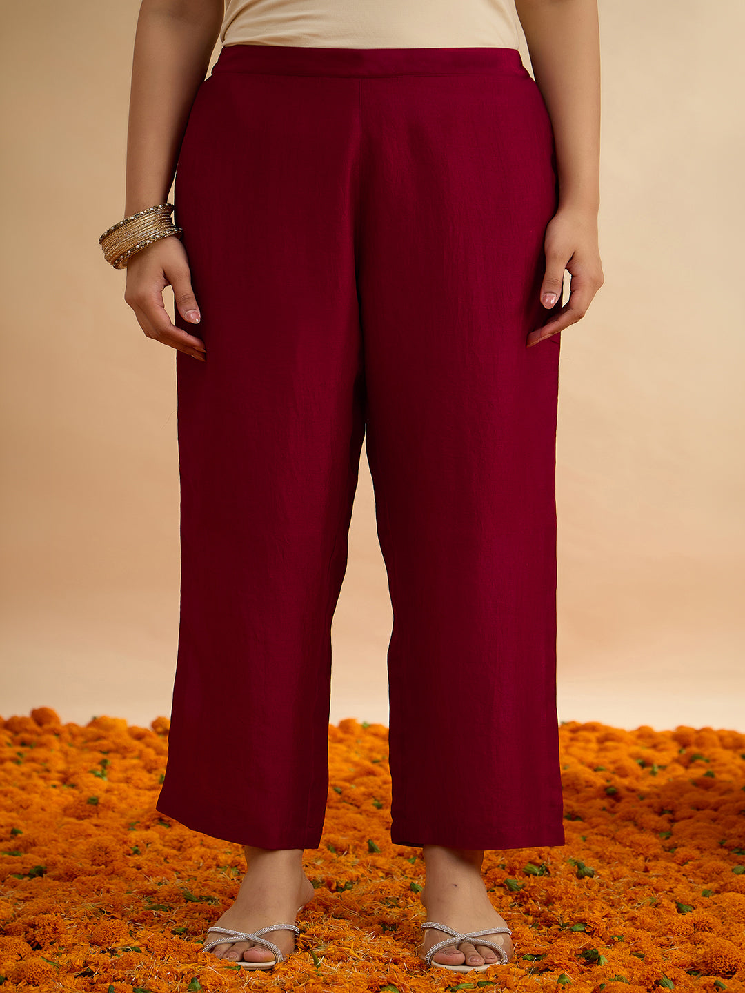 Janasya Women's Plus Size Maroon Silk Blend Floral Zari Embroidered A-Line Kurta Set