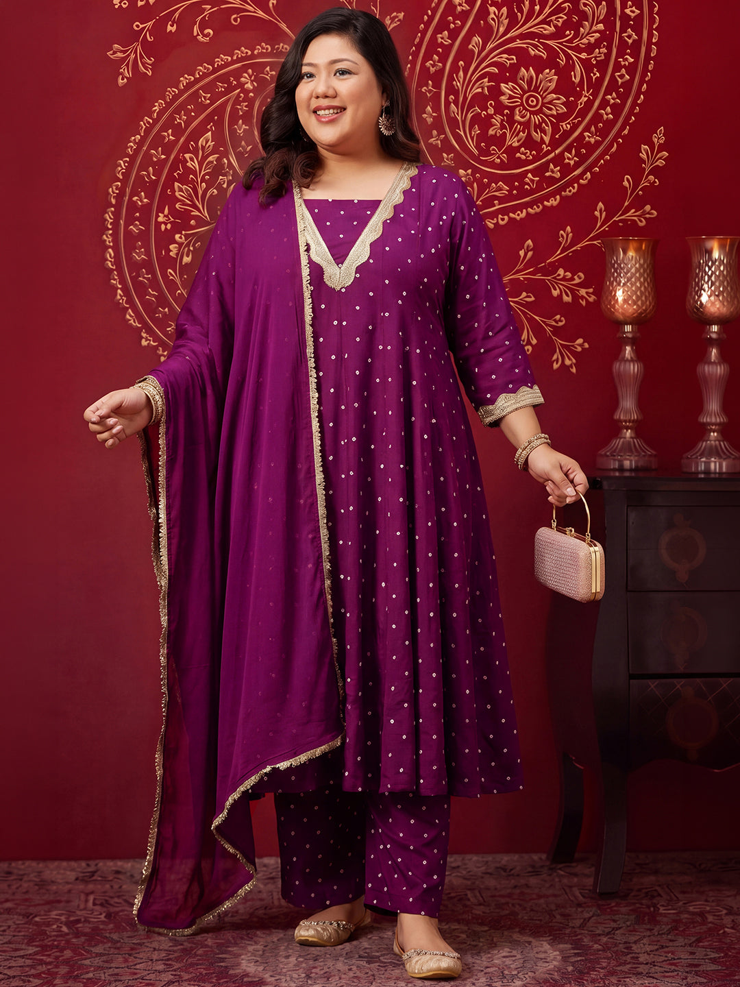 Janasya Women's Plus Size Purple Rayon Embellished Bandhani Foil Printed Anarkali Kurta Set