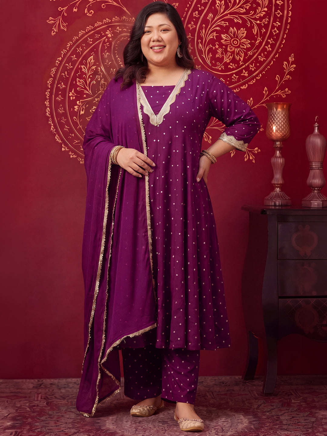 Janasya Women's Plus Size Purple Rayon Embellished Bandhani Foil Printed Anarkali Kurta Set