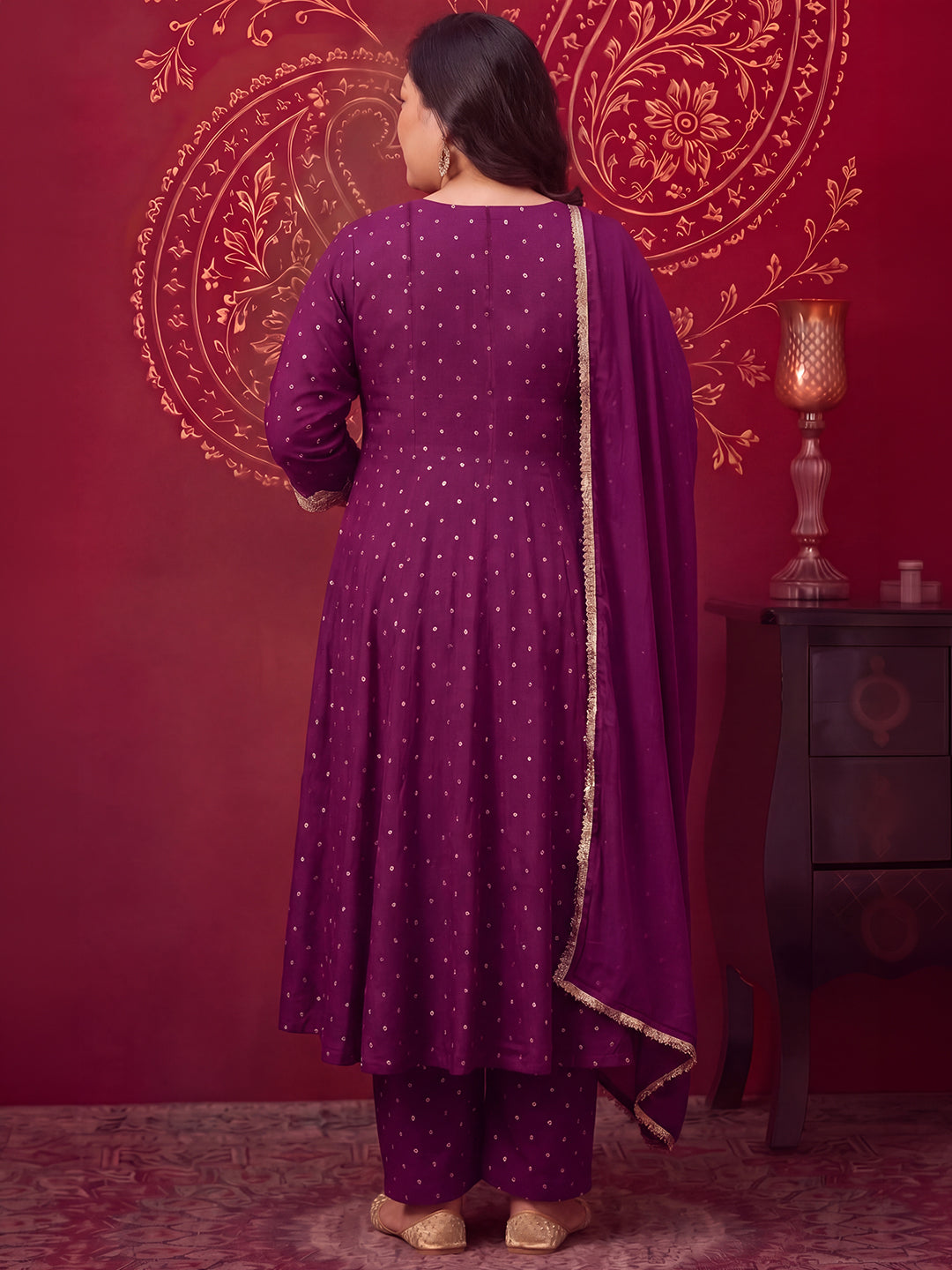 Janasya Women's Plus Size Purple Rayon Embellished Bandhani Foil Printed Anarkali Kurta Set
