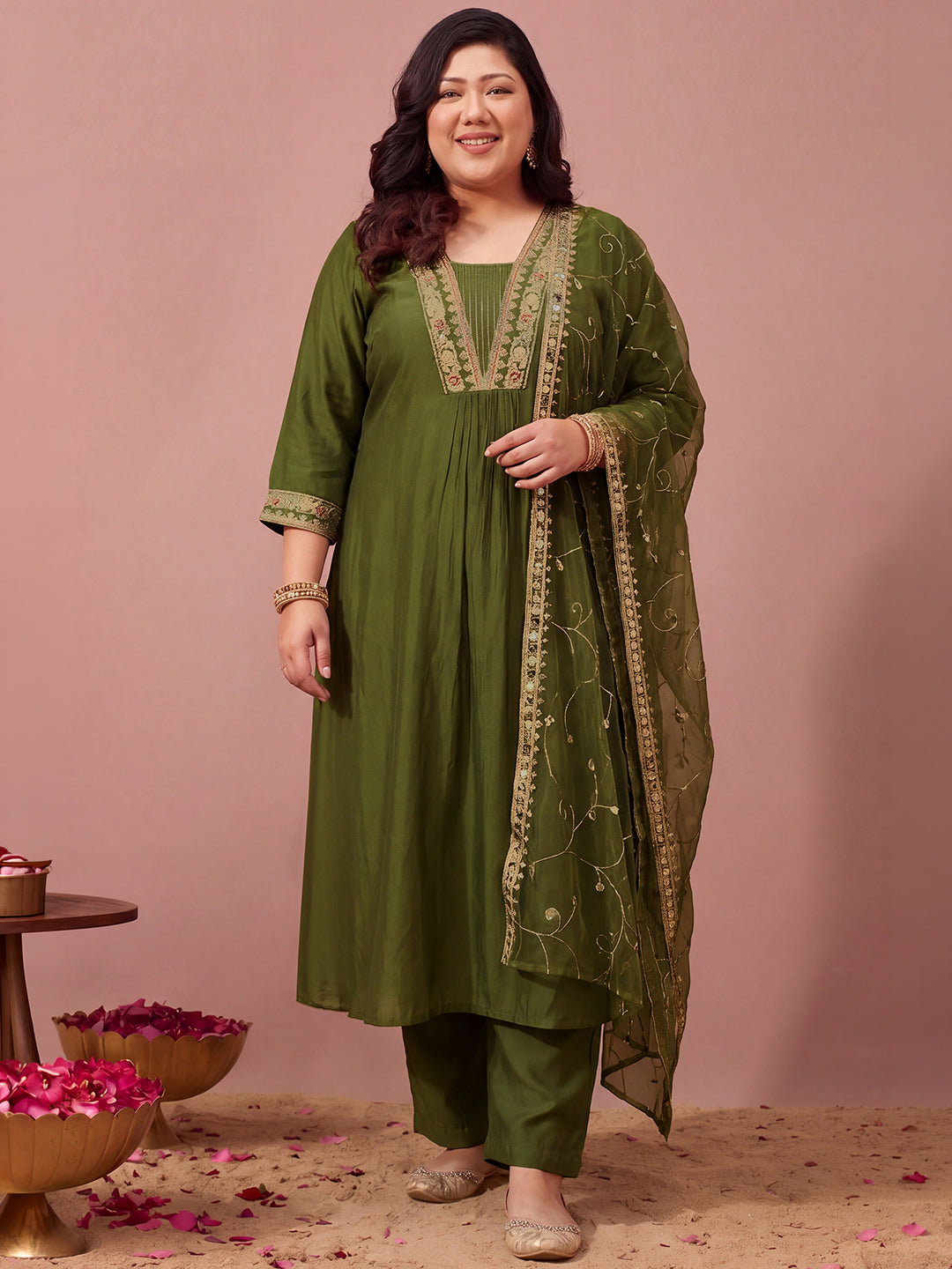 Janasya Women's Plus Size Olive Green Chanderi Silk Floral Yoke Embroidered A-Line Kurta Set