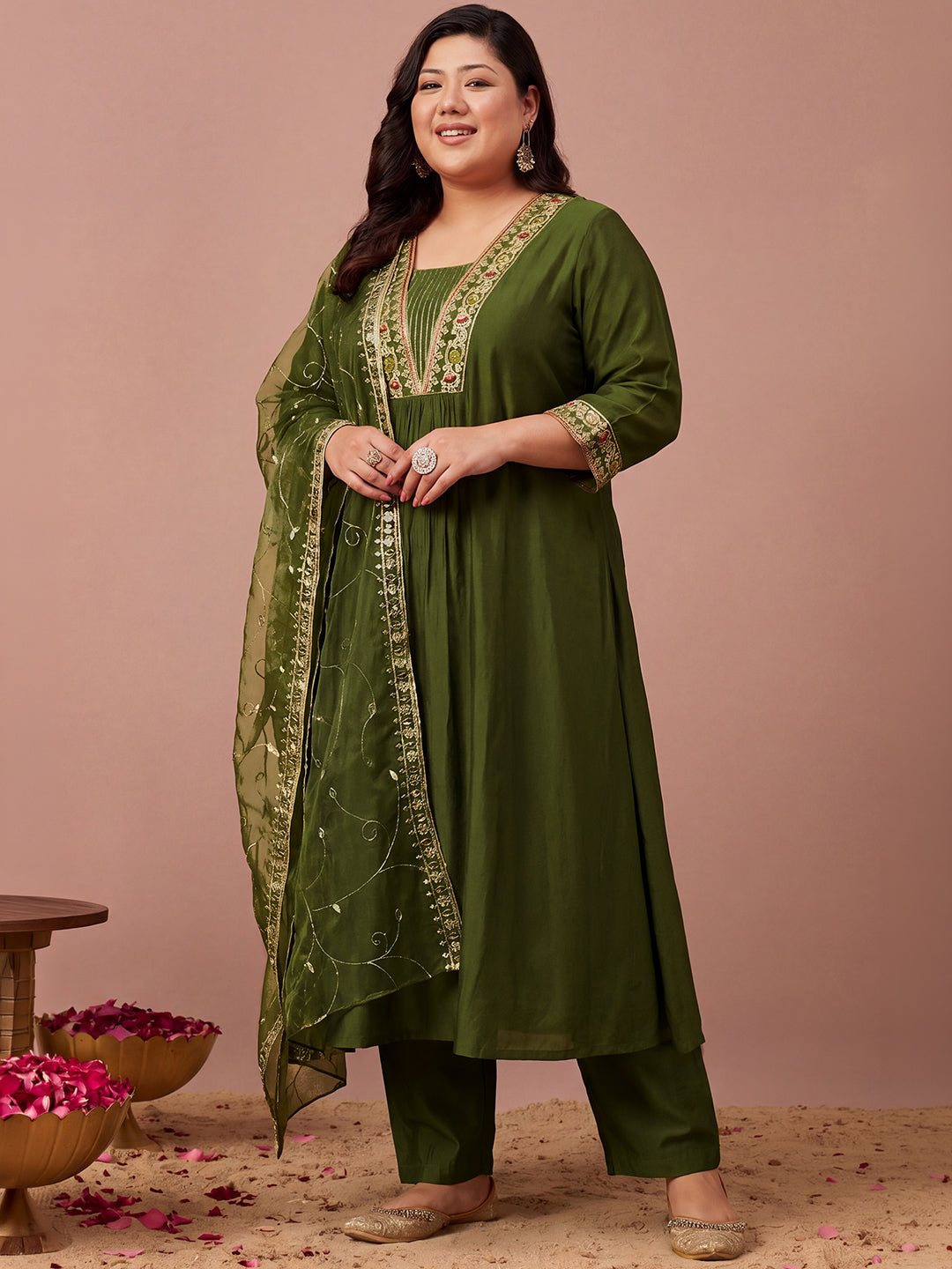 Janasya Women's Plus Size Olive Green Chanderi Silk Floral Yoke Embroidered A-Line Kurta Set