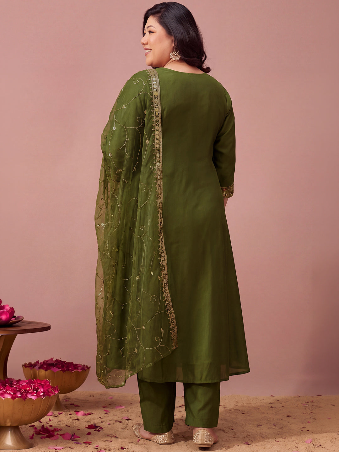 Janasya Women's Plus Size Olive Green Chanderi Silk Floral Yoke Embroidered A-Line Kurta Set