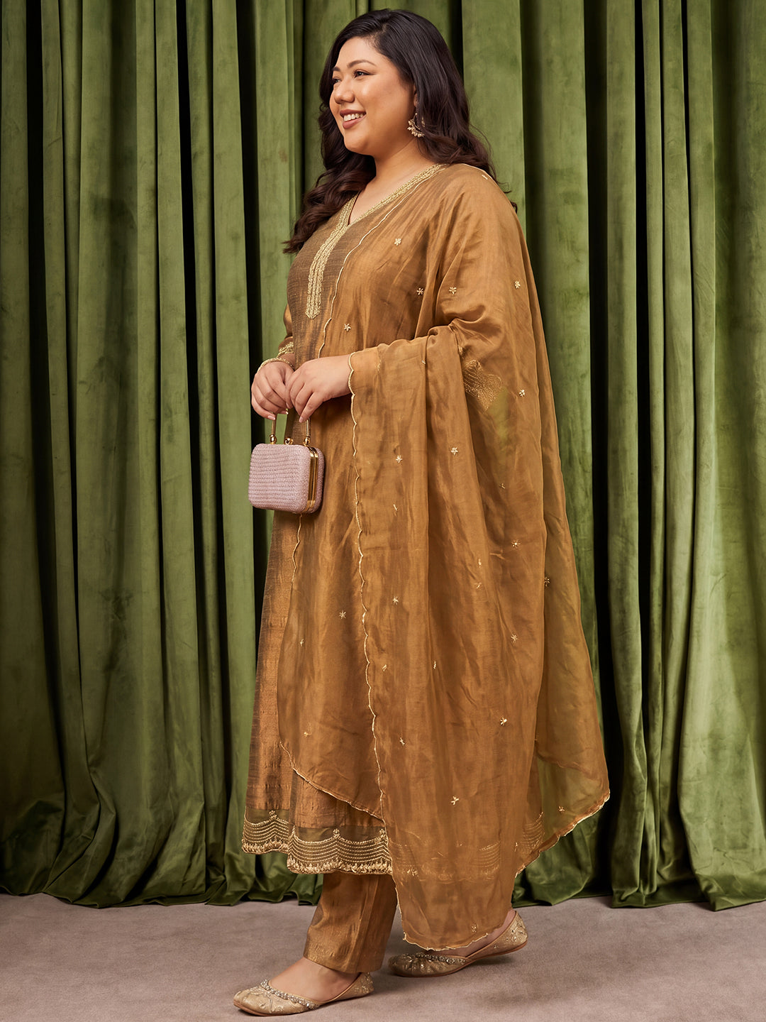 Janasya Women's Plus Size Bronze Silk Blend Embroidered Anarkali Kurta Set