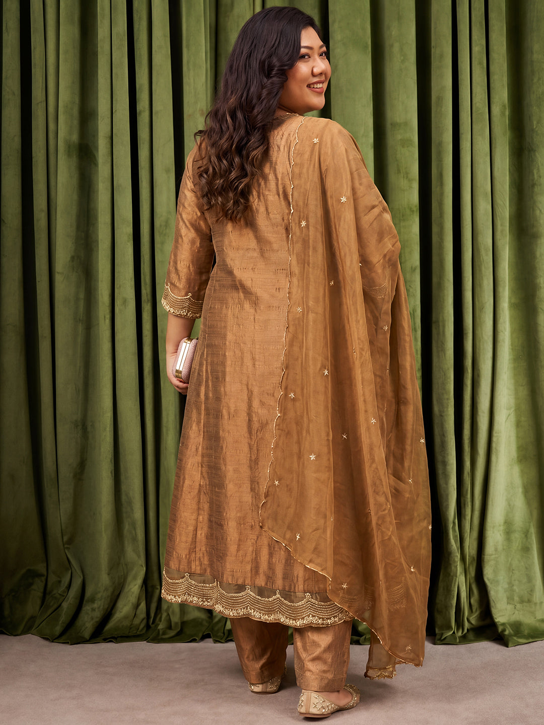 Janasya Women's Plus Size Bronze Silk Blend Embroidered Anarkali Kurta Set