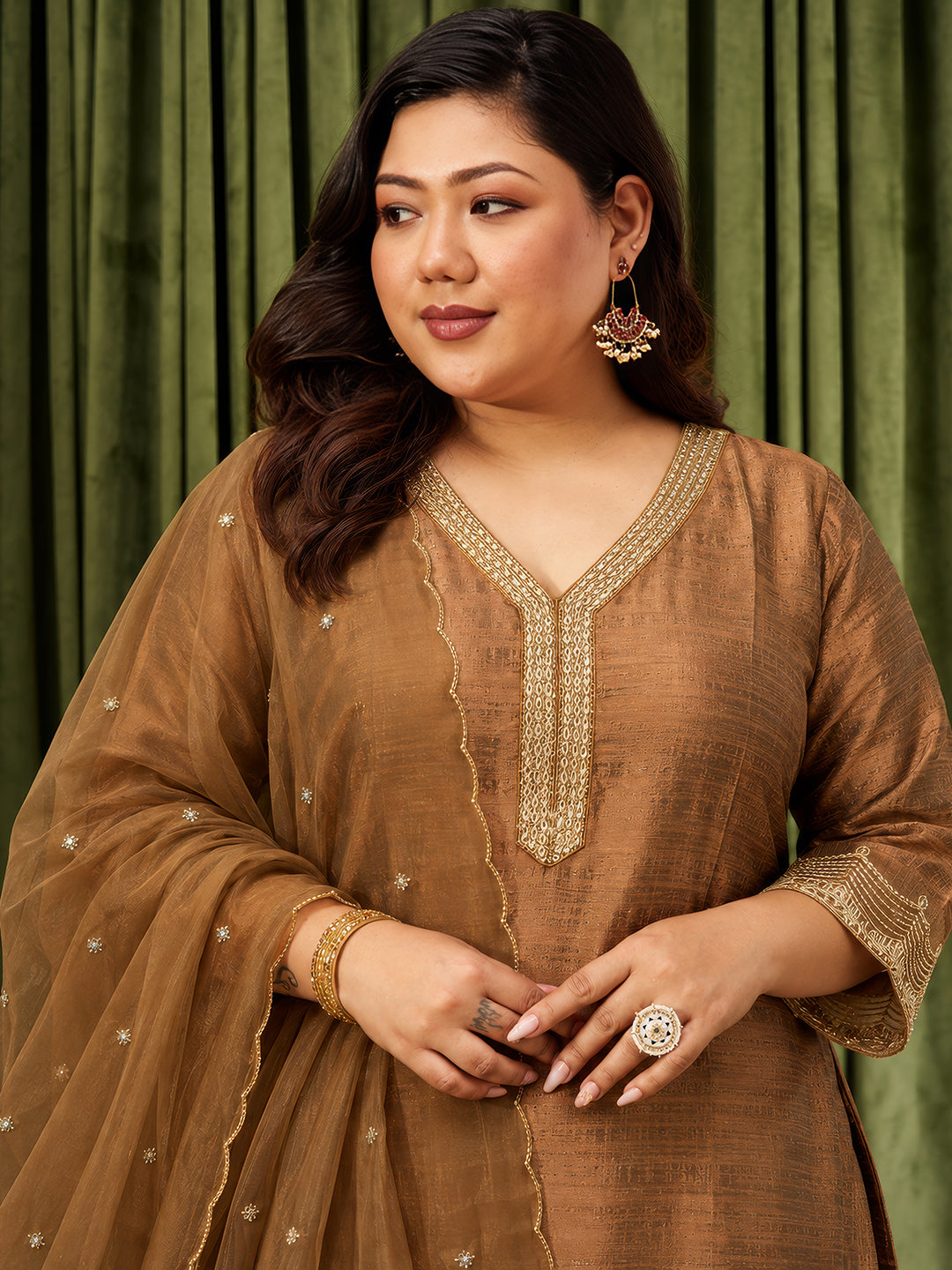 Janasya Women's Plus Size Bronze Silk Blend Embroidered Anarkali Kurta Set