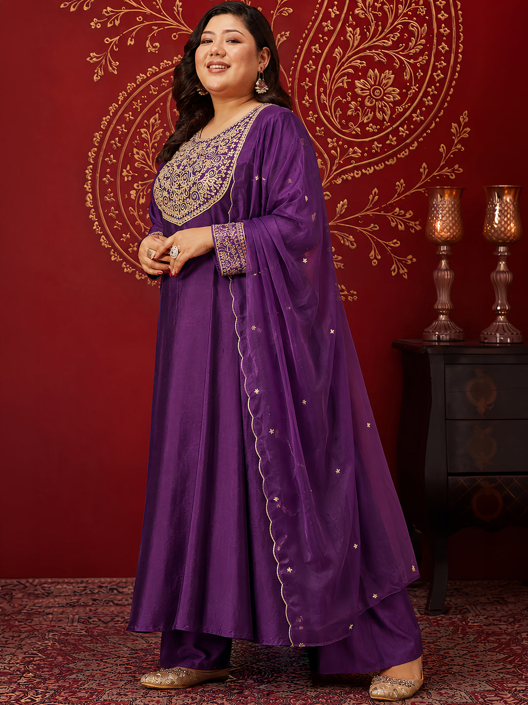 Janasya Women’s Plus Size Purple Silk Blend Zari Embroidered Anarkali Kurta Set