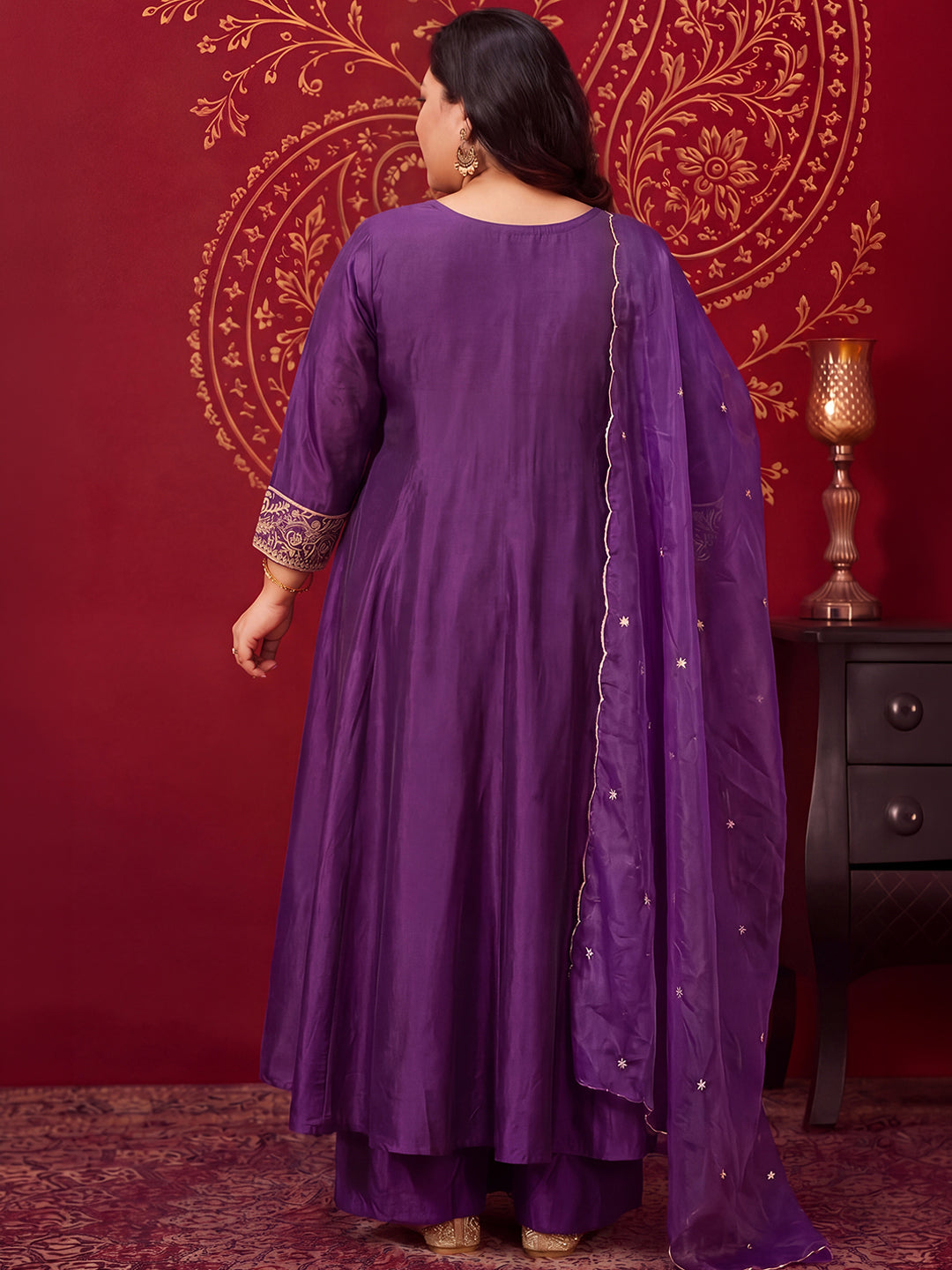 Janasya Women’s Plus Size Purple Silk Blend Zari Embroidered Anarkali Kurta Set