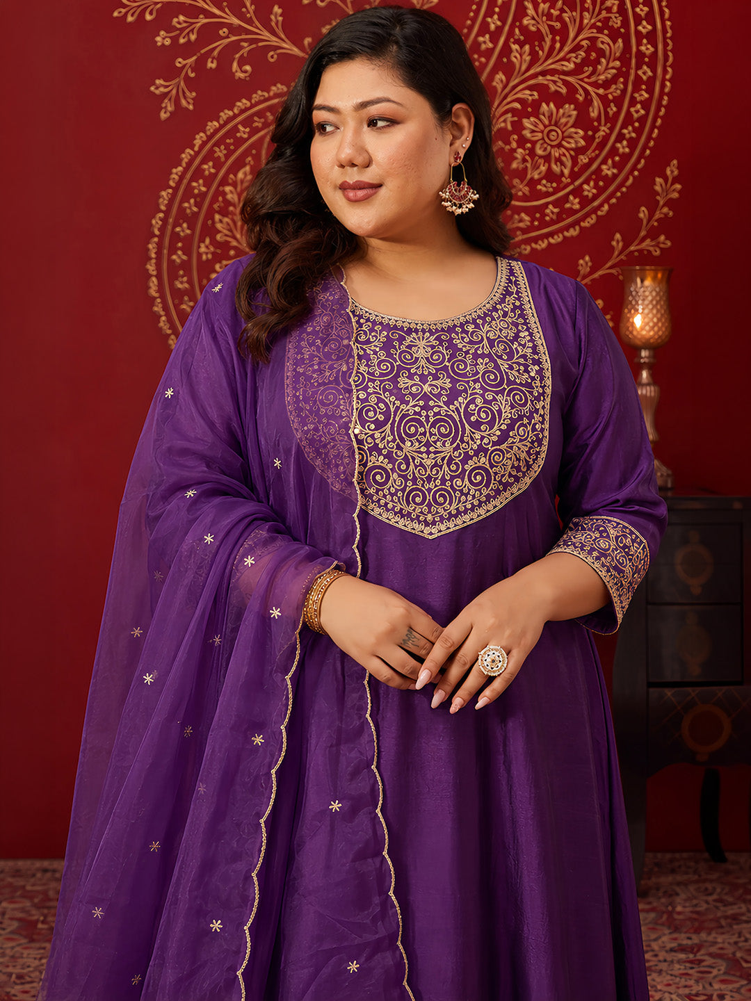 Janasya Women’s Plus Size Purple Silk Blend Zari Embroidered Anarkali Kurta Set