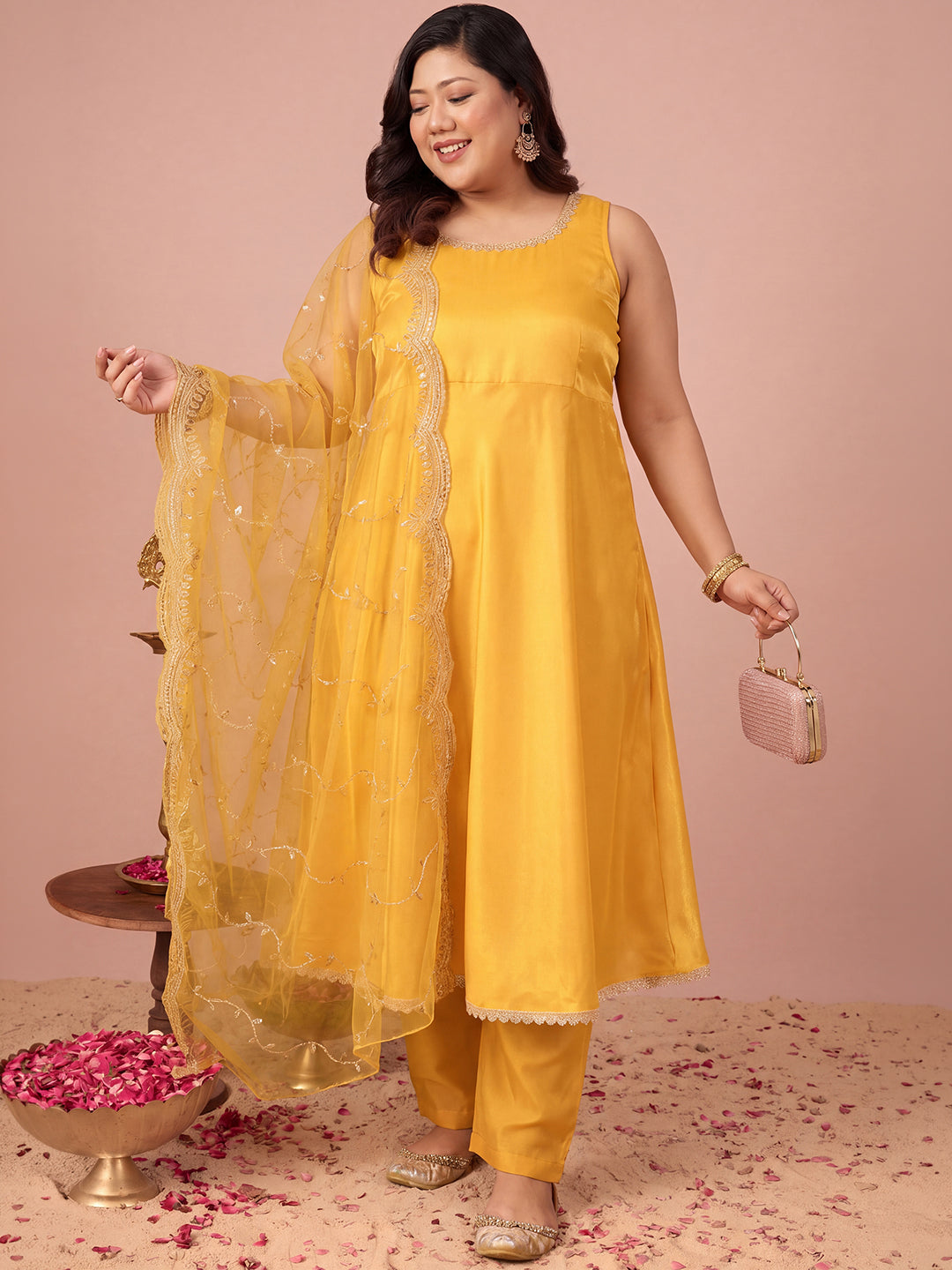 Janasya Women's Plus Size Yellow Silk Blend Solid A-Line Kurta Set with Embroidered Dupatta