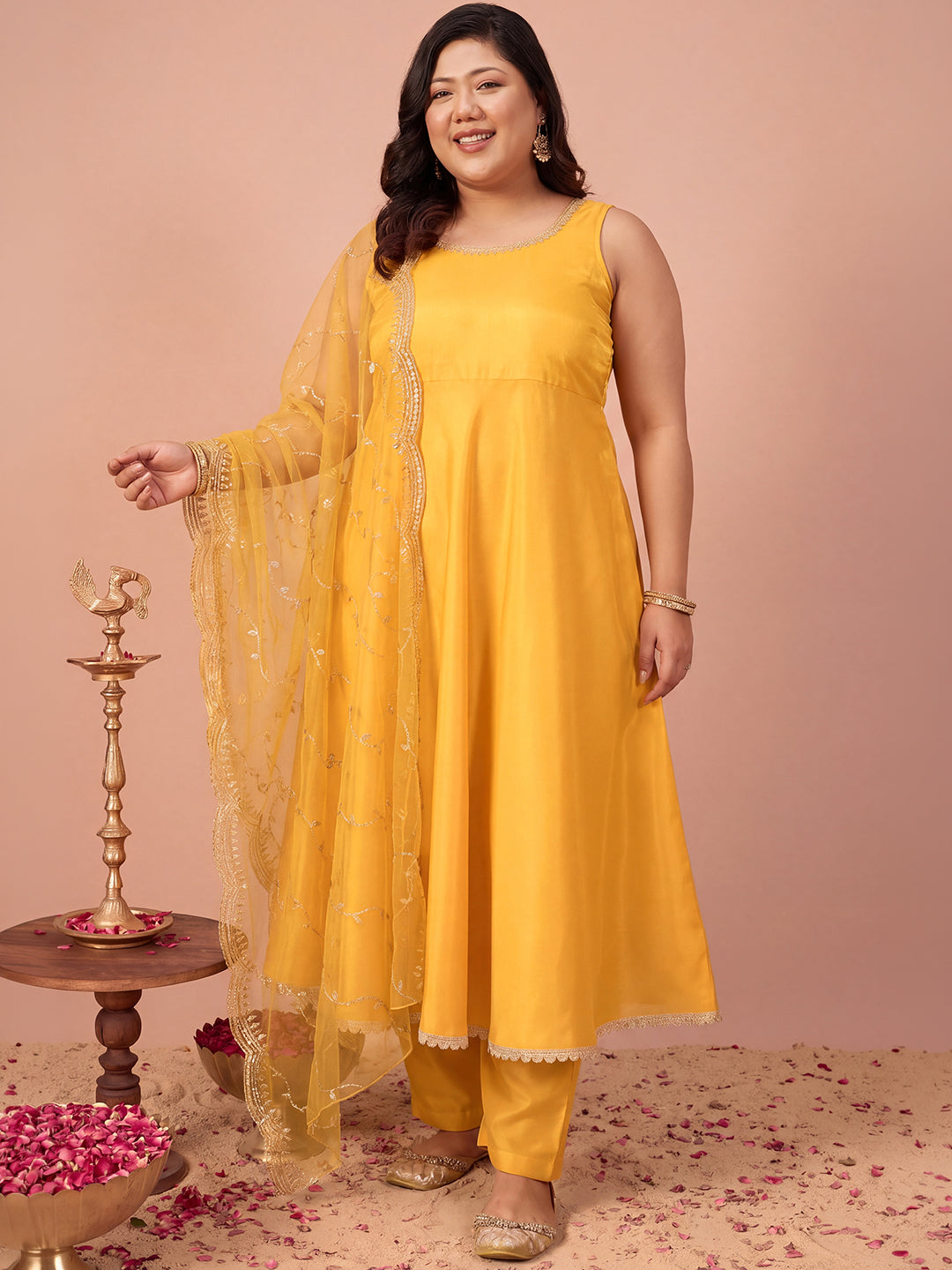 Janasya Women's Plus Size Yellow Silk Blend Solid A-Line Kurta Set with Embroidered Dupatta