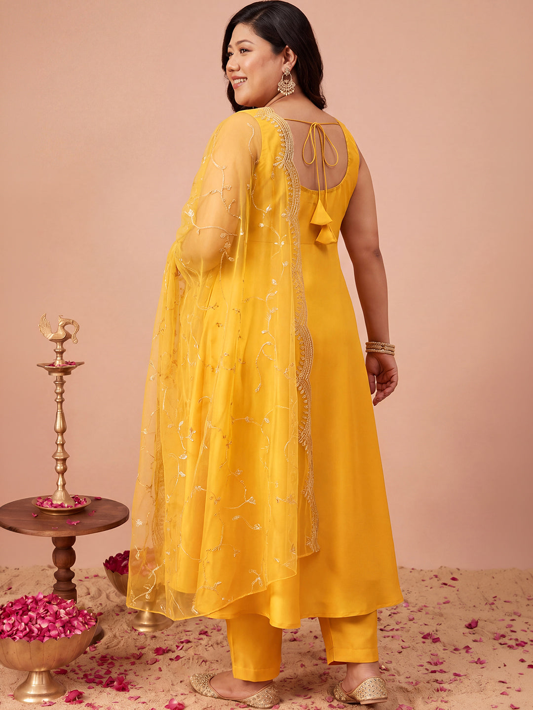Janasya Women's Plus Size Yellow Silk Blend Solid A-Line Kurta Set with Embroidered Dupatta