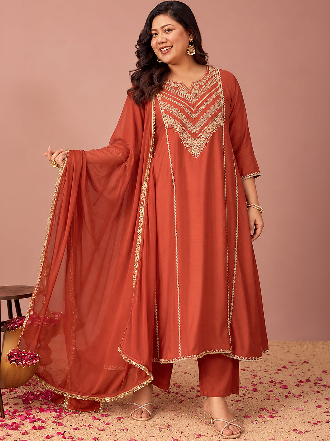 Janasya Women's Plus Size Rust Chanderi Silk Floral Sequins And Zari Embroidered Anarkali Kurta Set