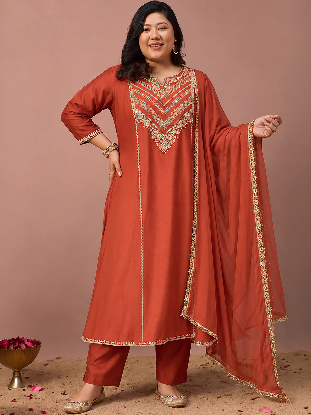 Janasya Women's Plus Size Rust Chanderi Silk Floral Sequins And Zari Embroidered Anarkali Kurta Set