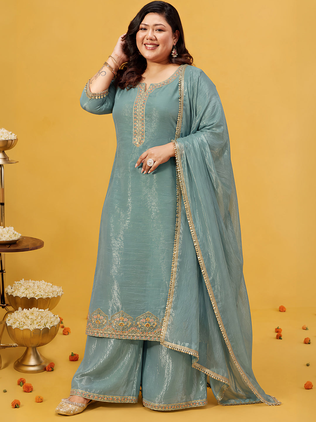 Janasya Women's Sea Green Plus Size Tissue Silk Floral Embroidered Straight Kurta with Palazzo And Dupatta Set