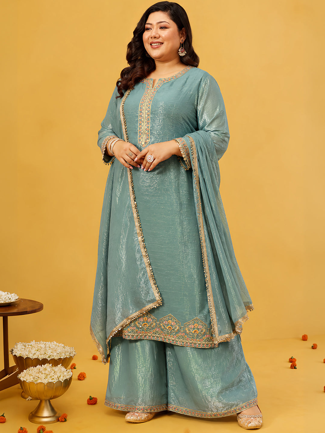 Janasya Women's Sea Green Plus Size Tissue Silk Floral Embroidered Straight Kurta with Palazzo And Dupatta Set