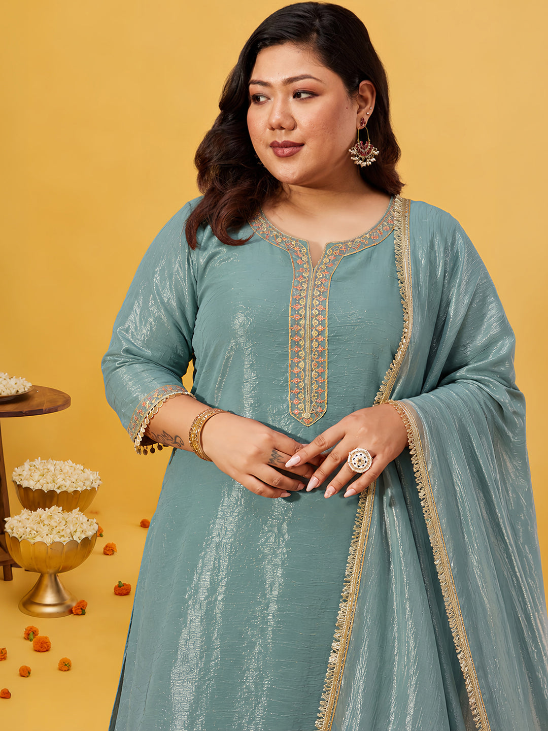 Janasya Women's Sea Green Plus Size Tissue Silk Floral Embroidered Straight Kurta with Palazzo And Dupatta Set