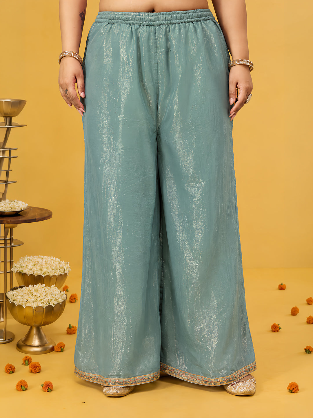 Janasya Women's Sea Green Plus Size Tissue Silk Floral Embroidered Straight Kurta with Palazzo And Dupatta Set