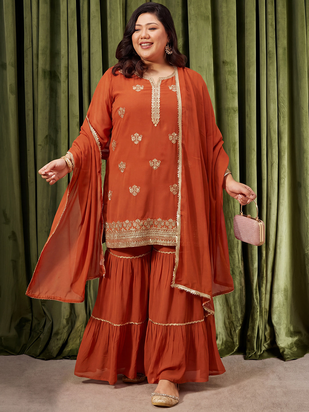 Janasya Women's Plus Size Rust Georgette Floral Zari Embroidered Straight Kurta with Sharara And Dupatta Set