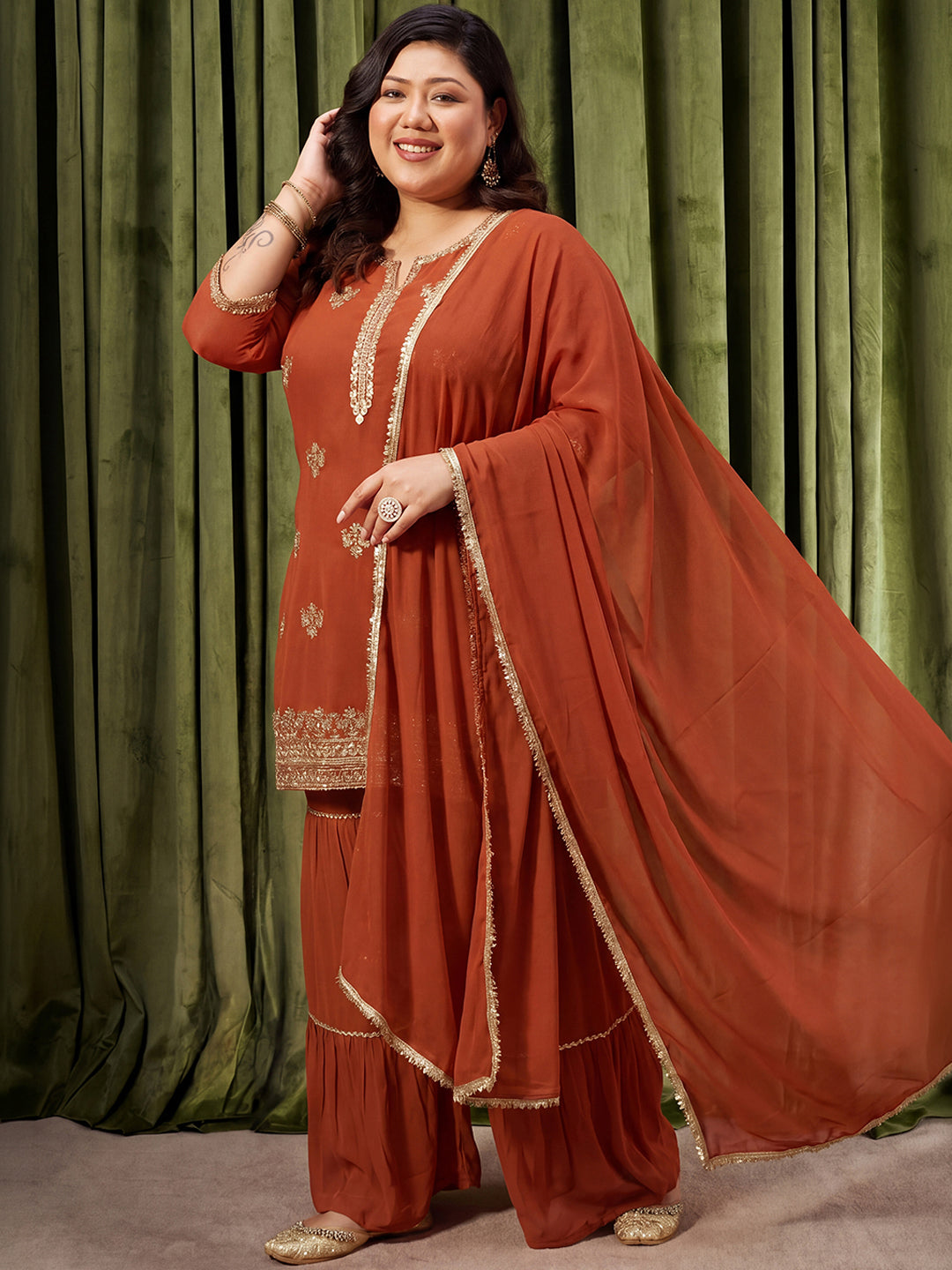 Janasya Women's Plus Size Rust Georgette Floral Zari Embroidered Straight Kurta with Sharara And Dupatta Set