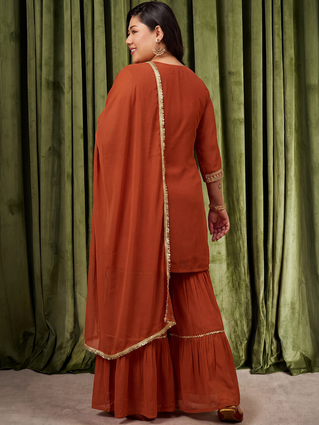 Janasya Women's Plus Size Rust Georgette Floral Zari Embroidered Straight Kurta with Sharara And Dupatta Set