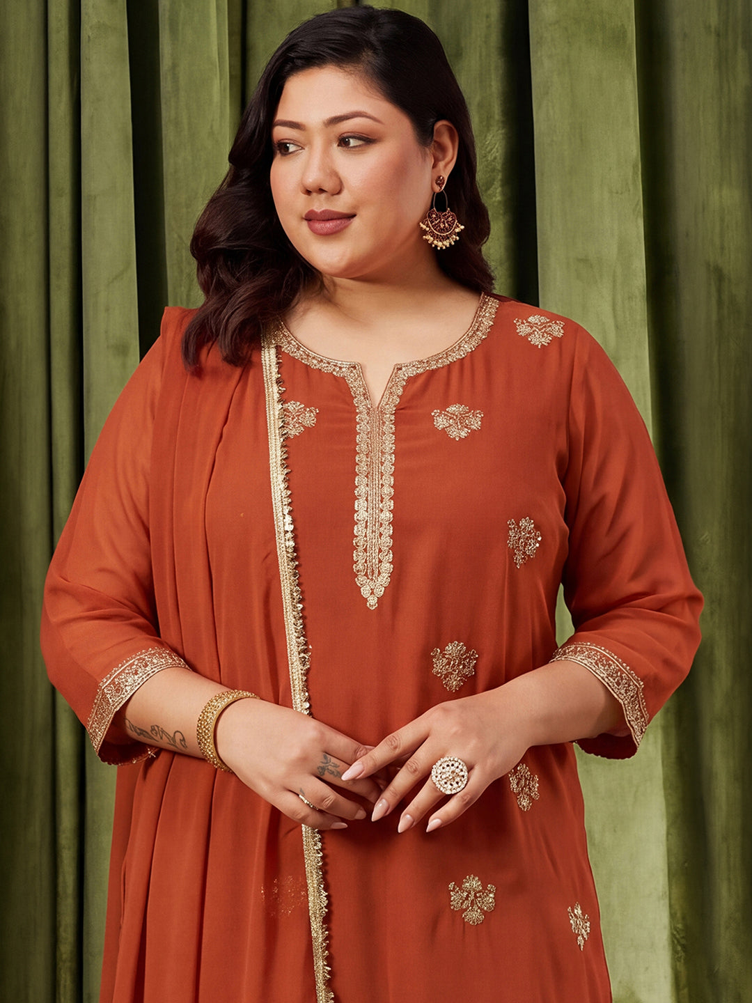 Janasya Women's Plus Size Rust Georgette Floral Zari Embroidered Straight Kurta with Sharara And Dupatta Set