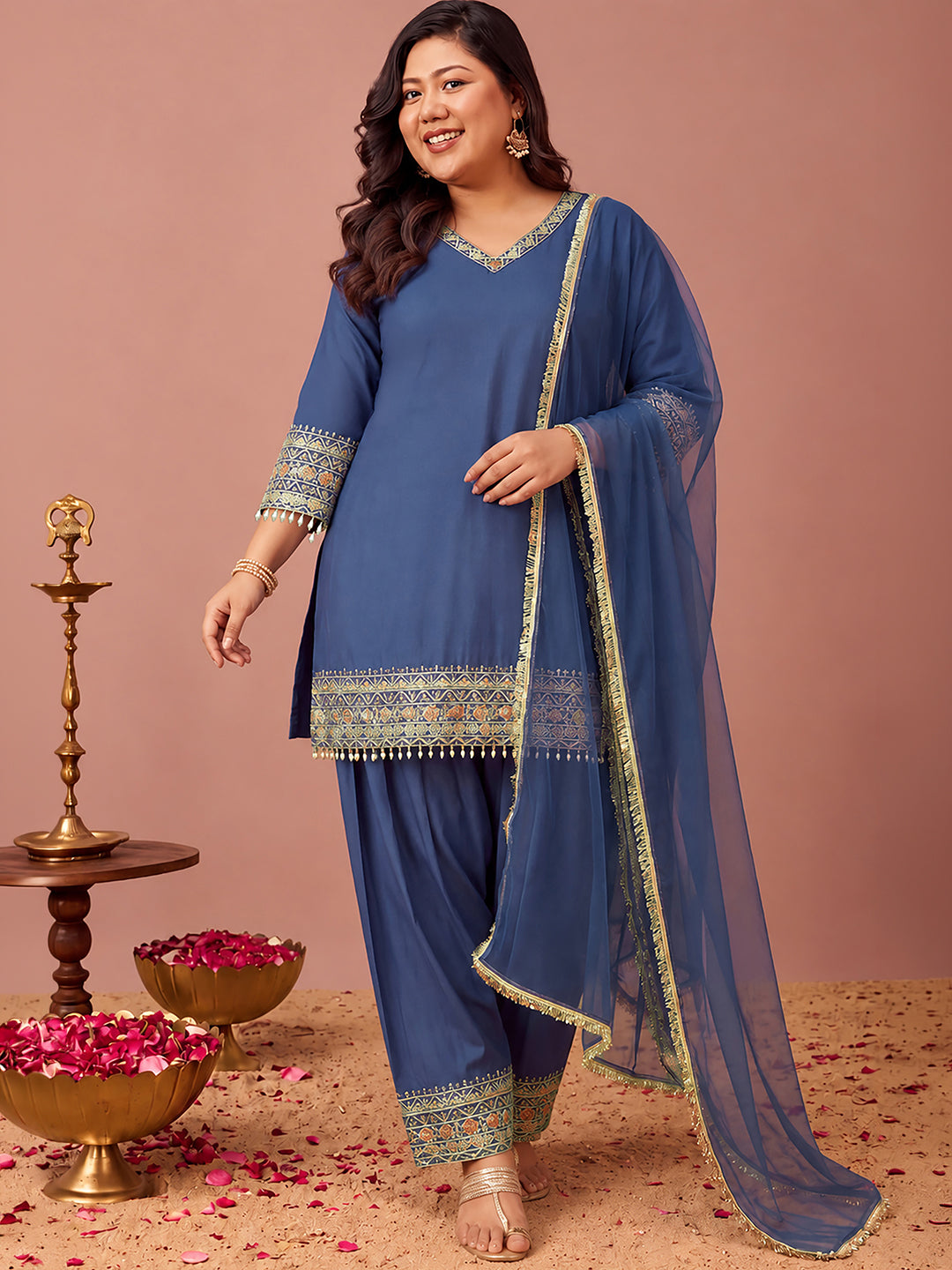 Janasya Women's Plus Size Navy Blue Chanderi Silk Floral Sequins And Zari Embroidered Straight Kurta Salwar Set