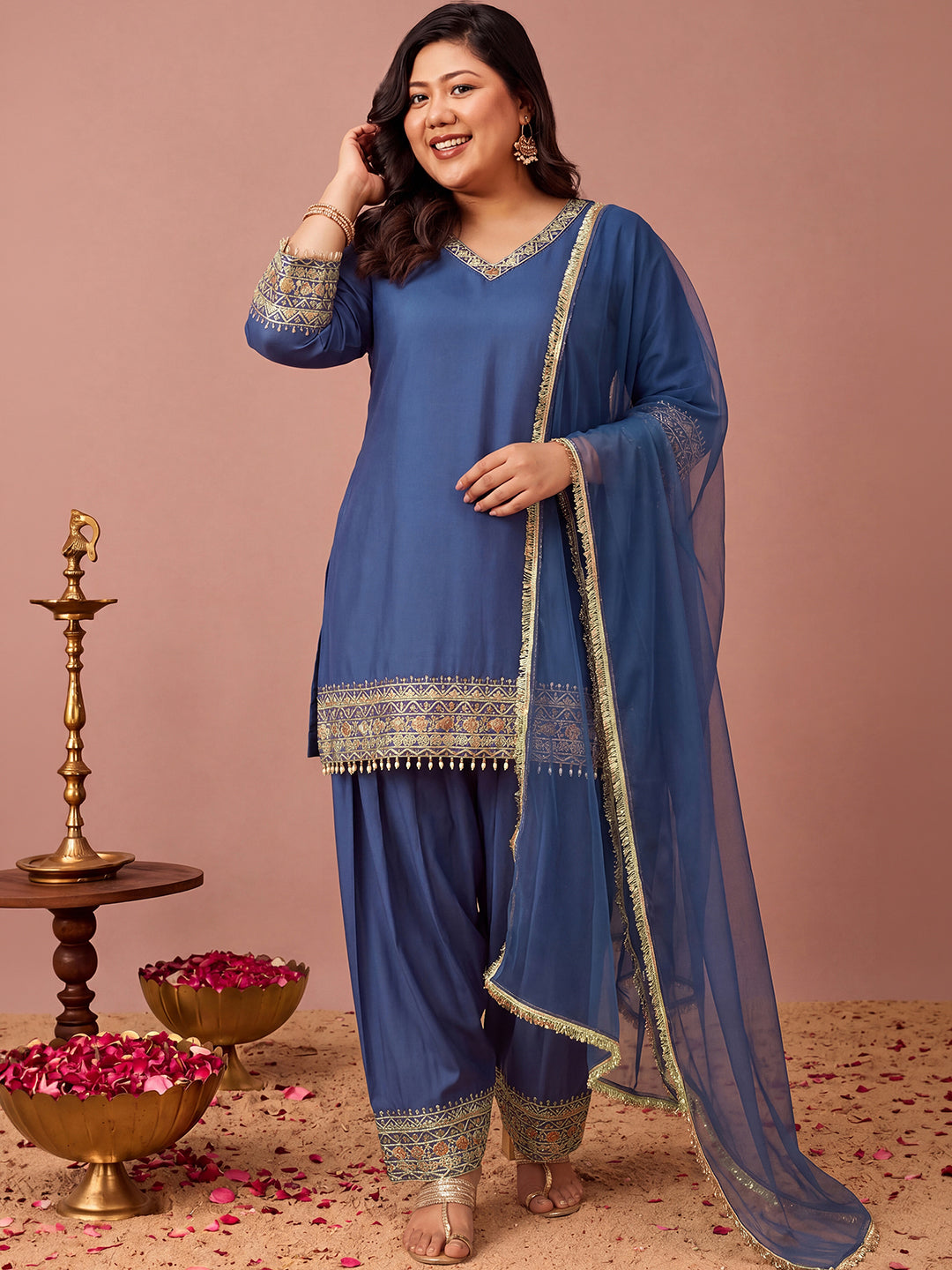 Janasya Women's Plus Size Navy Blue Chanderi Silk Floral Sequins And Zari Embroidered Straight Kurta Salwar Set