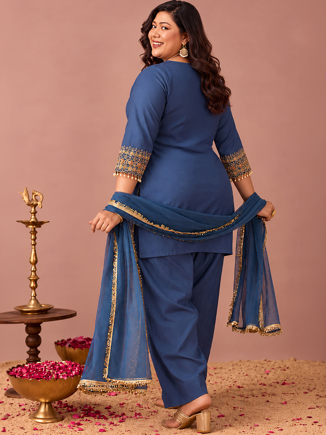 Janasya Women's Plus Size Navy Blue Chanderi Silk Floral Sequins And Zari Embroidered Straight Kurta Salwar Set