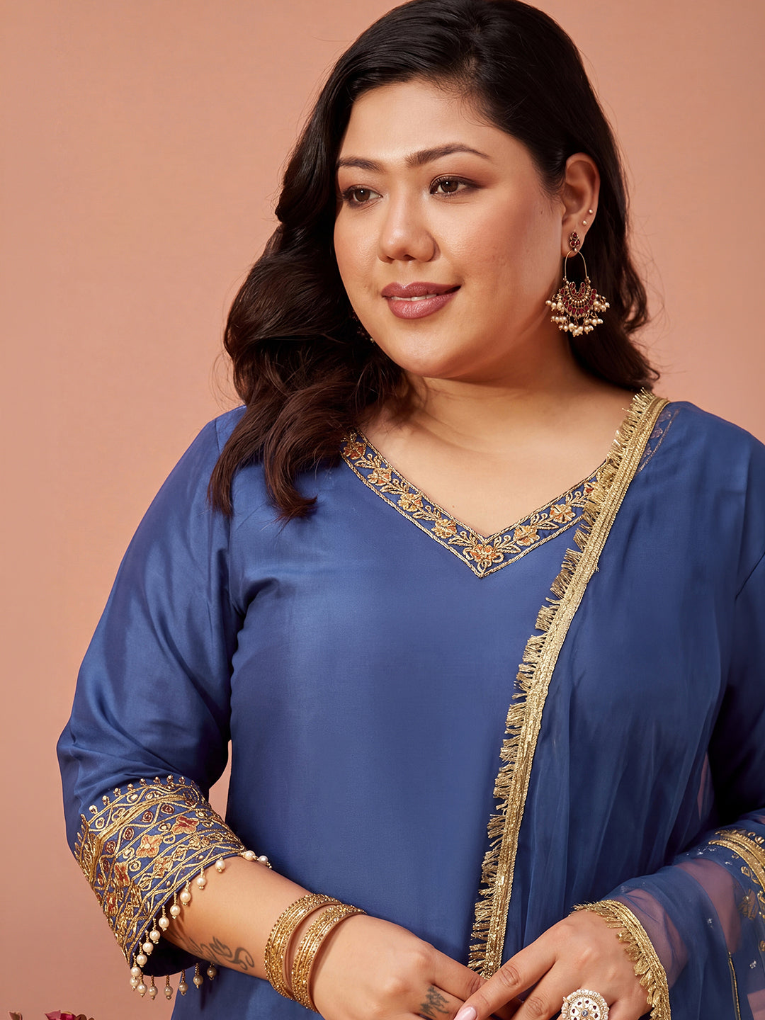 Janasya Women's Plus Size Navy Blue Chanderi Silk Floral Sequins And Zari Embroidered Straight Kurta Salwar Set
