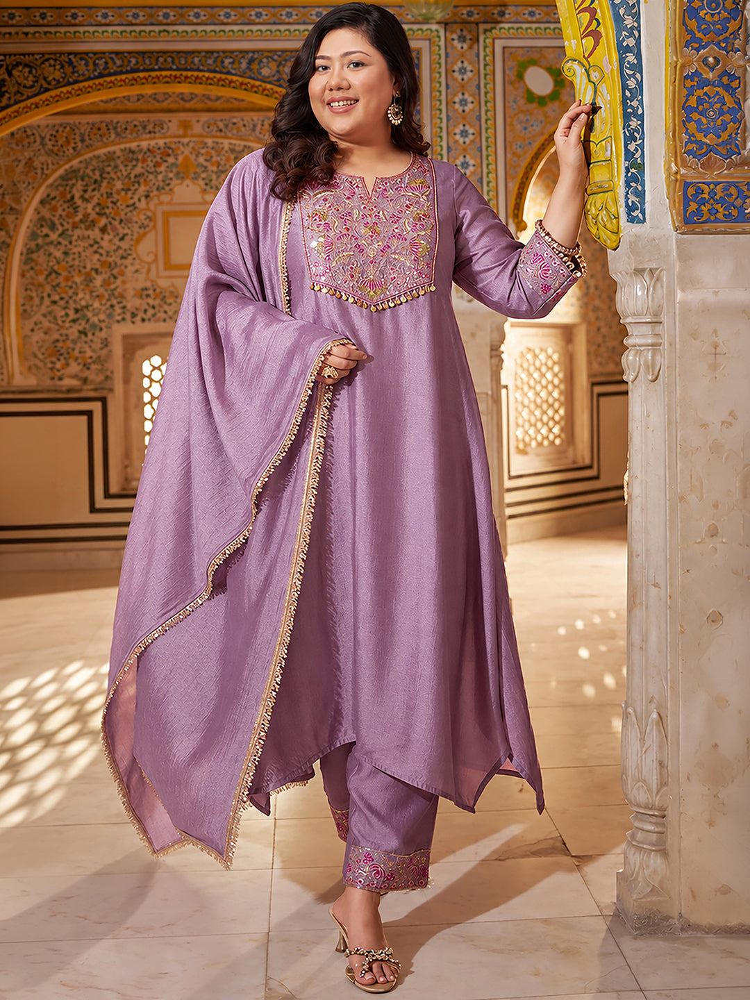 Janasya Women's Plus Size Lavender Silk Blend Floral Pear And Zari Embroidered A-Line Kurta Set