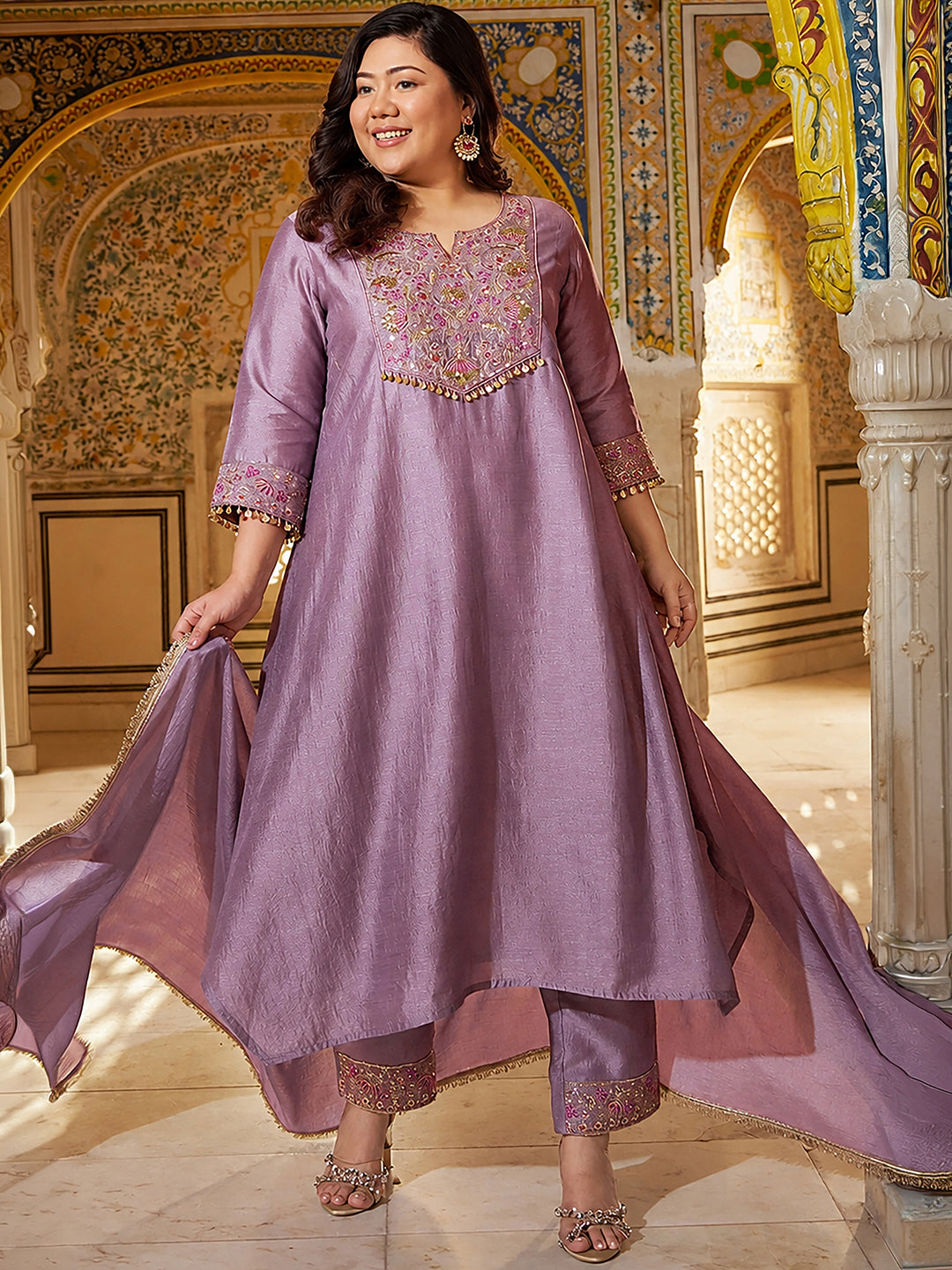 Janasya Women's Plus Size Lavender Silk Blend Floral Pear And Zari Embroidered A-Line Kurta Set