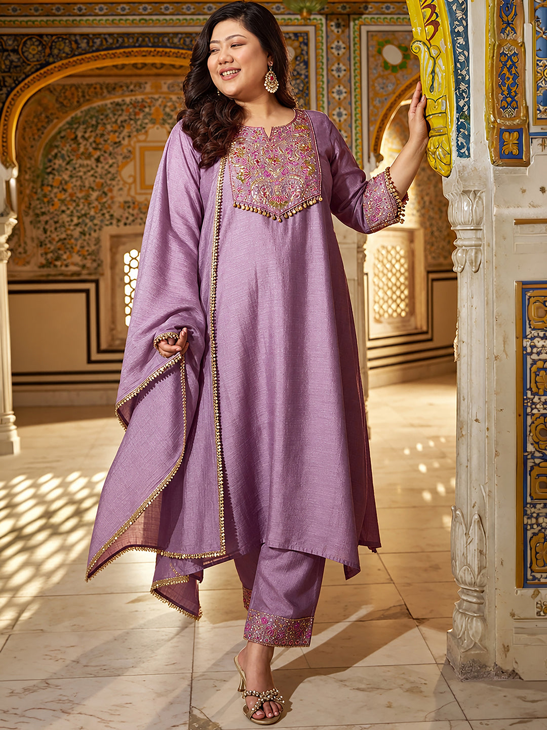 Janasya Women's Plus Size Lavender Silk Blend Floral Pear And Zari Embroidered A-Line Kurta Set