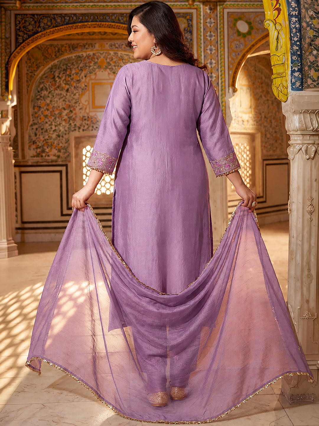 Janasya Women's Plus Size Lavender Silk Blend Floral Pear And Zari Embroidered A-Line Kurta Set