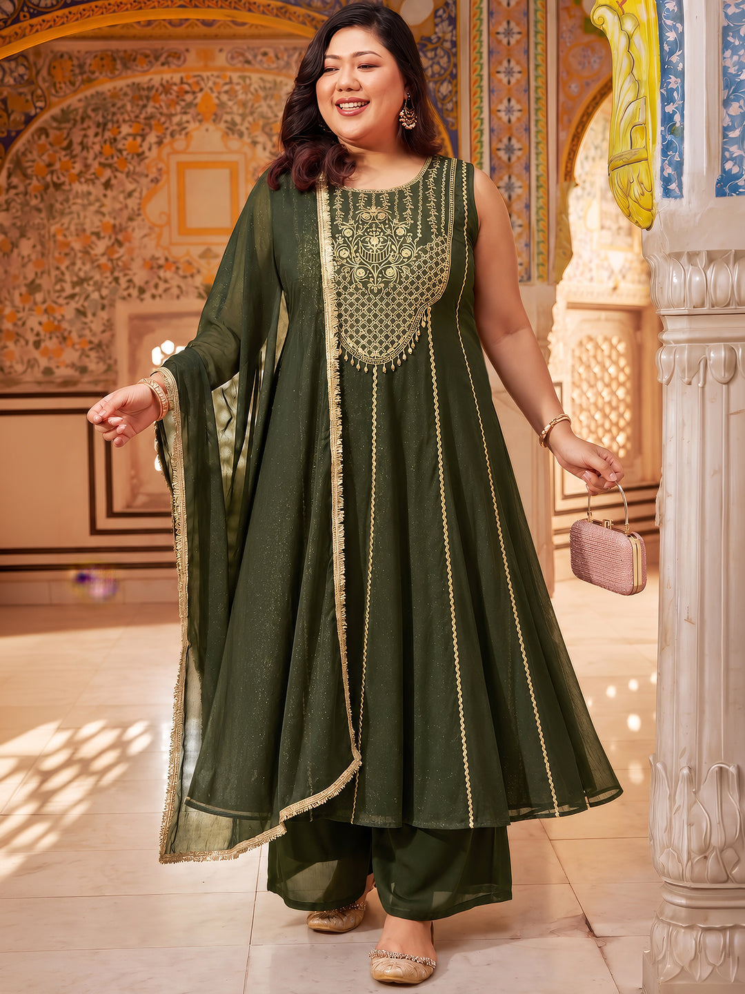 Janasya Women's Plus Size Olive Green Georgette Floral Embroidered Anarkali Kurta Set
