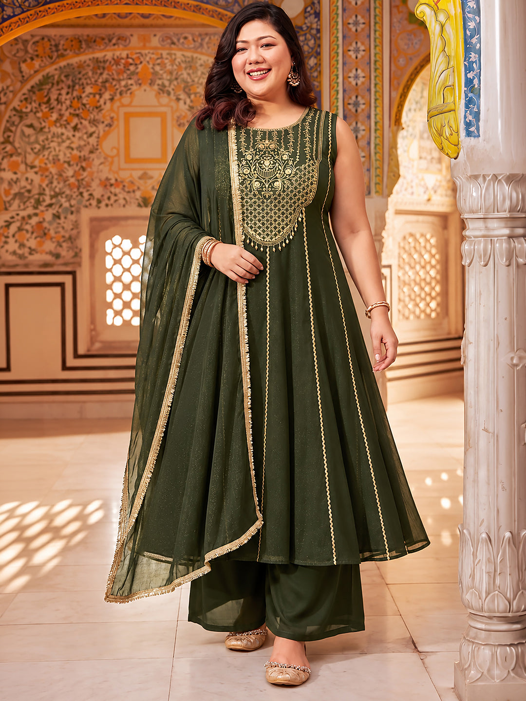 Janasya Women's Plus Size Olive Green Georgette Floral Embroidered Anarkali Kurta Set