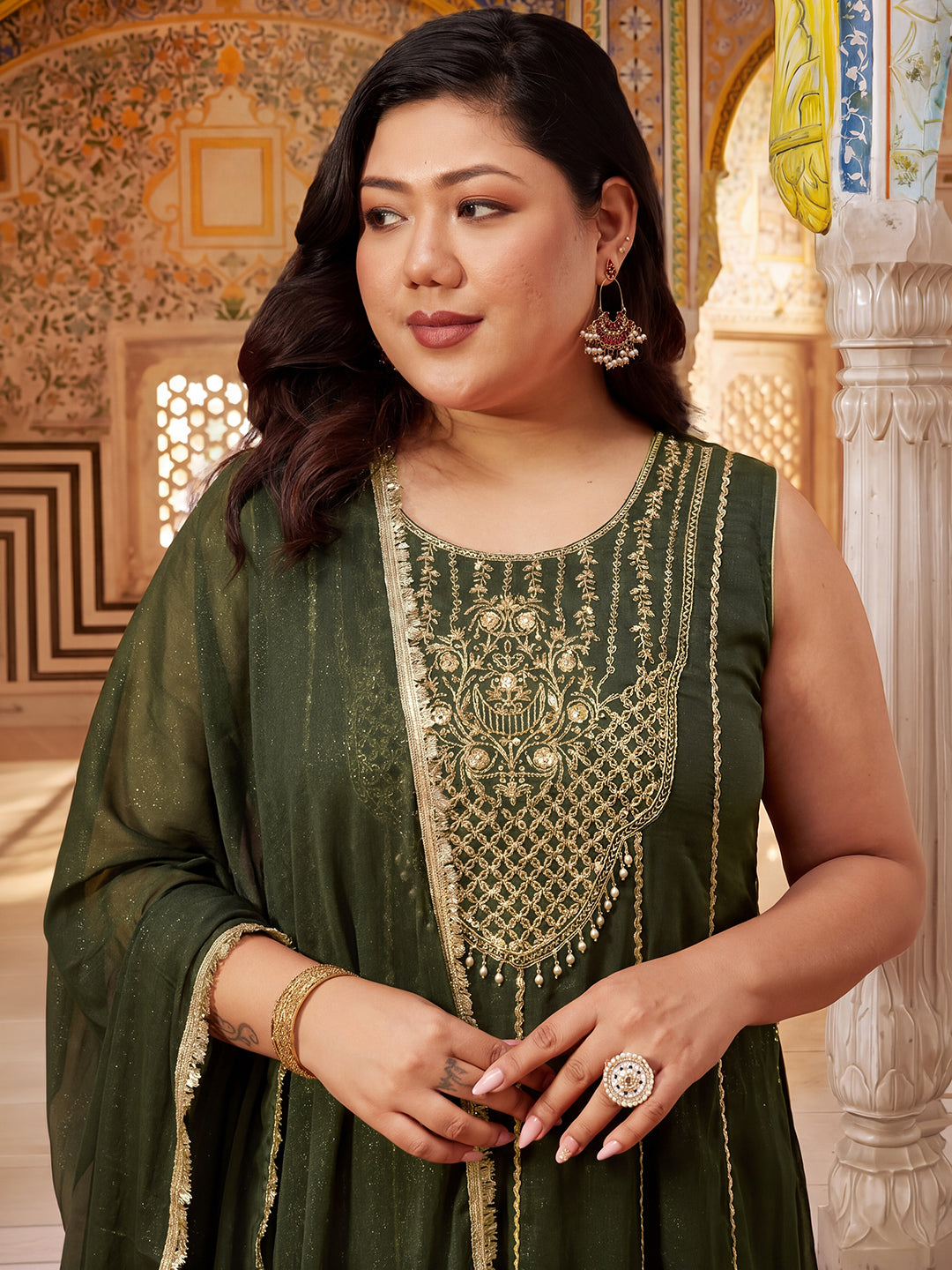 Janasya Women's Plus Size Olive Green Georgette Floral Embroidered Anarkali Kurta Set