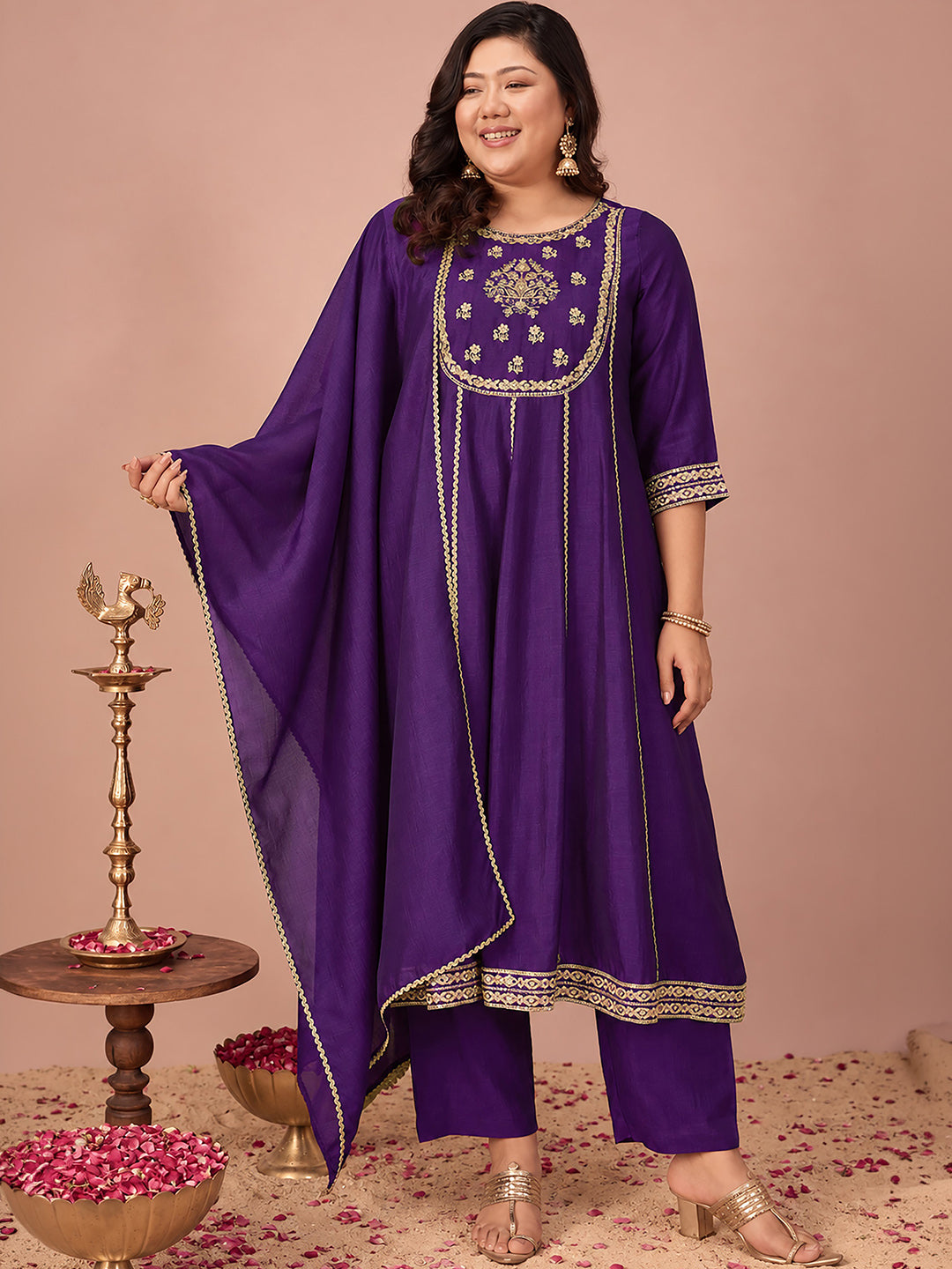 Janasya Women's Plus Size Purple Silk Blend Floral Zari Embroidered Anarkali Kurta Set
