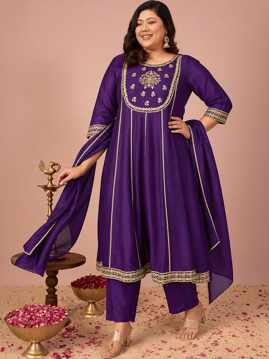 Janasya Women's Plus Size Purple Silk Blend Floral Zari Embroidered Anarkali Kurta Set
