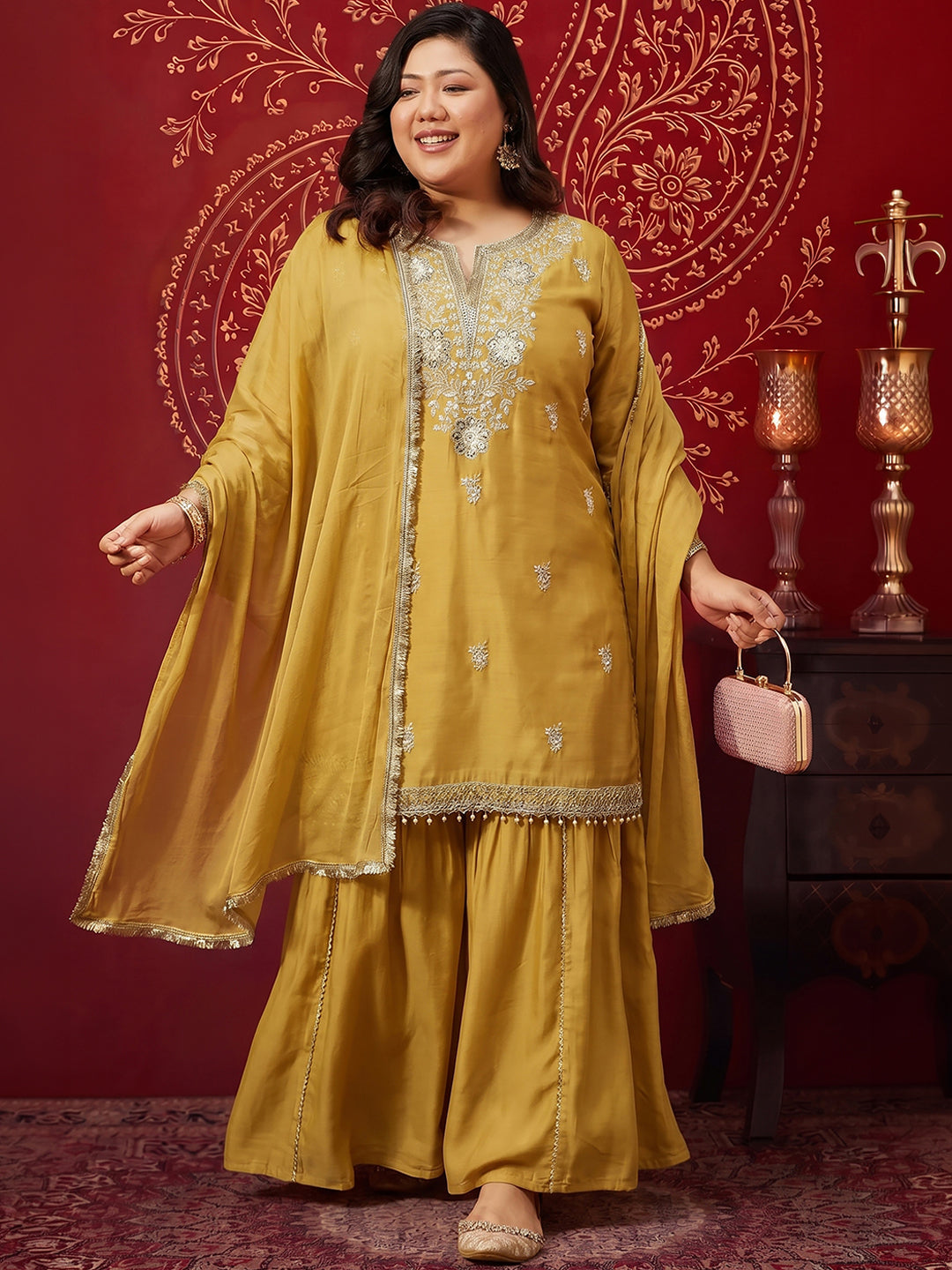 Janasya Women's Plus Size Yellow Chanderi Silk Floral Embroidered Straight Kurta with Sharara and Dupatta Set
