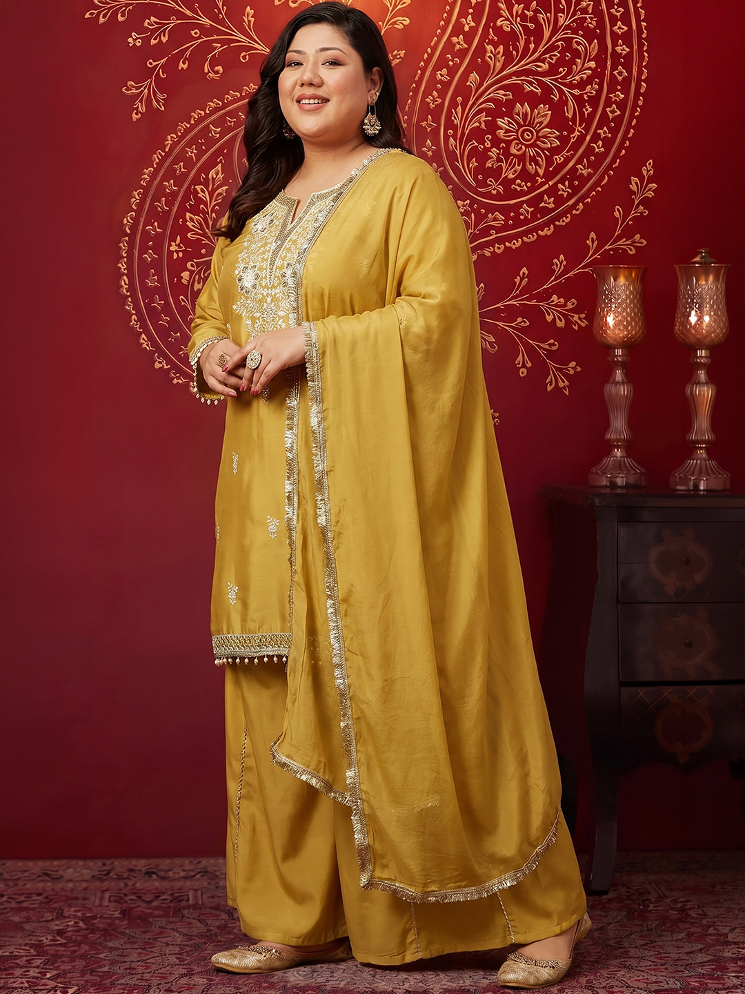Janasya Women's Plus Size Yellow Chanderi Silk Floral Embroidered Straight Kurta with Sharara and Dupatta Set