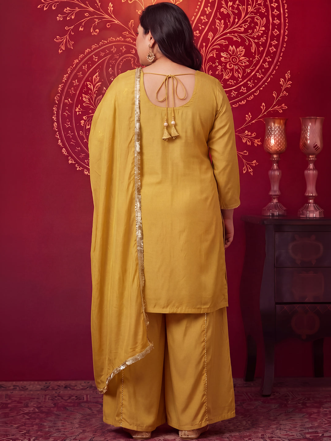 Janasya Women's Plus Size Yellow Chanderi Silk Floral Embroidered Straight Kurta with Sharara and Dupatta Set