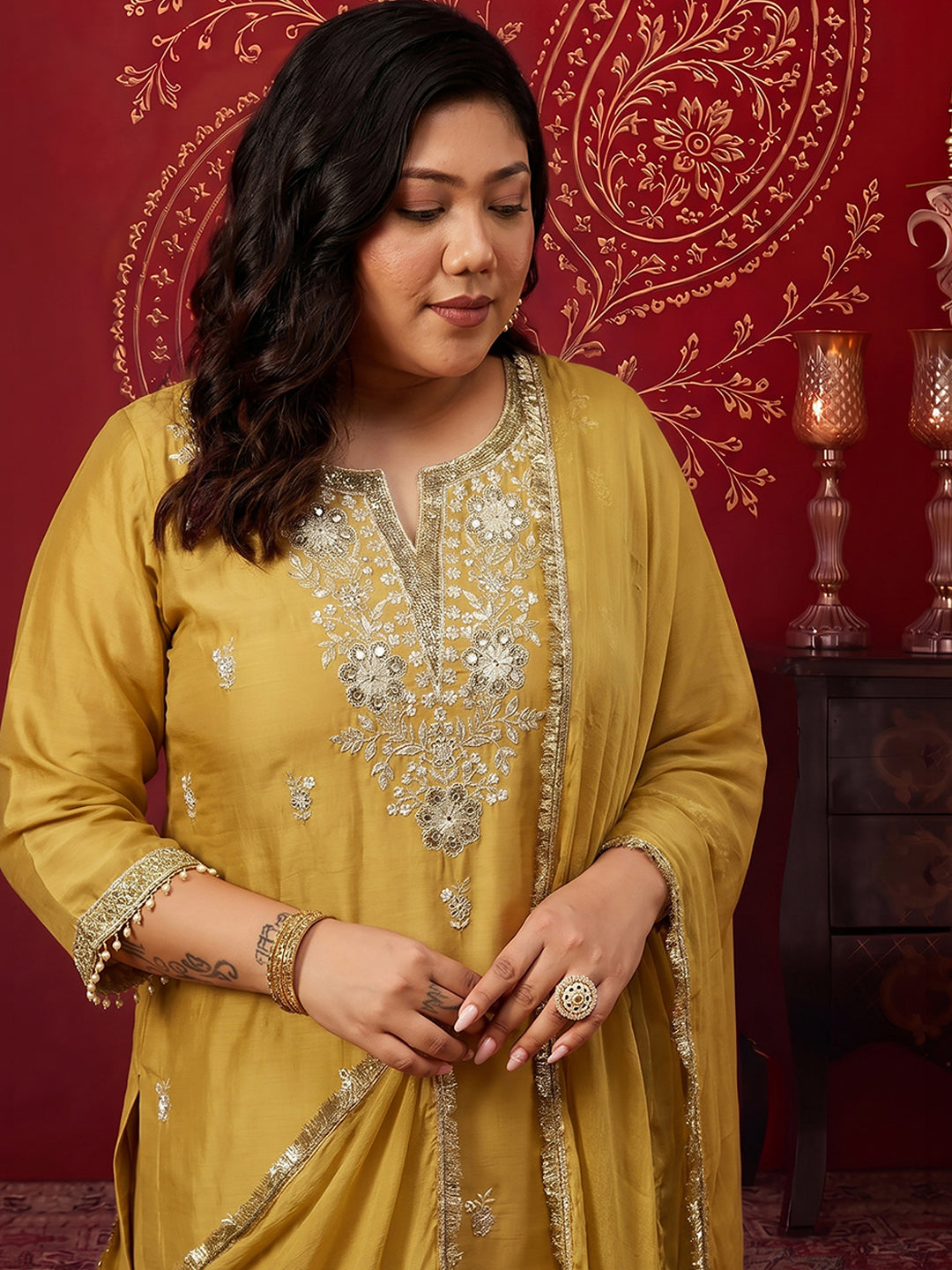 Janasya Women's Plus Size Yellow Chanderi Silk Floral Embroidered Straight Kurta with Sharara and Dupatta Set