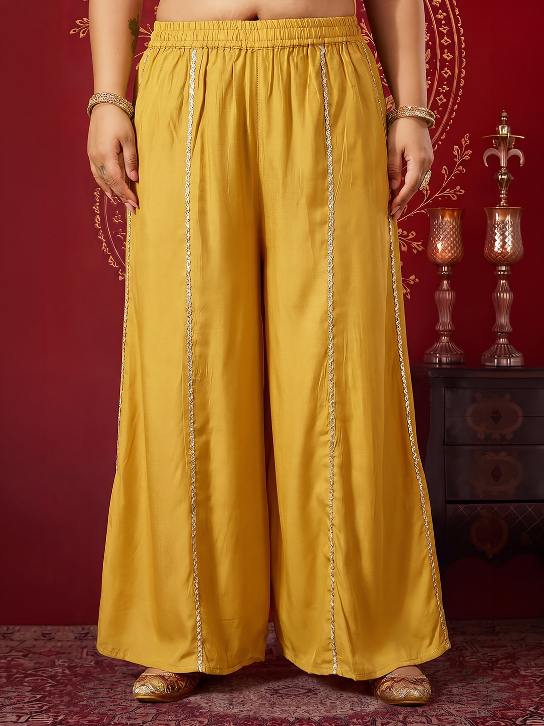 Janasya Women's Plus Size Yellow Chanderi Silk Floral Embroidered Straight Kurta with Sharara and Dupatta Set